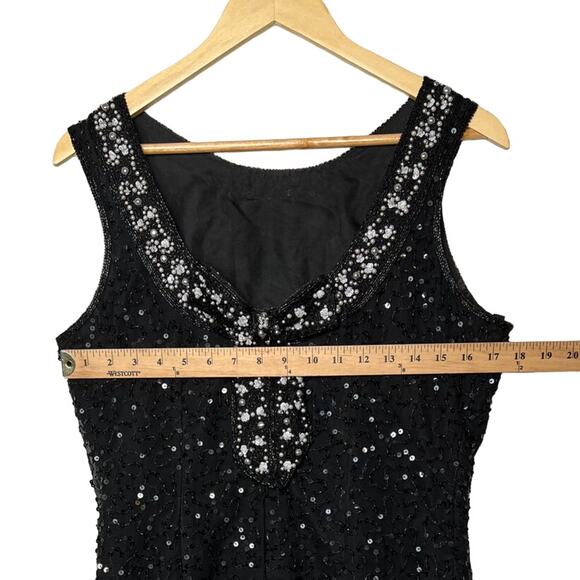 VINTAGE 1970s Stenay 8 Beaded Pearls Sequins Sleeveless Dress 100% Silk Black - Picture 5 of 8
